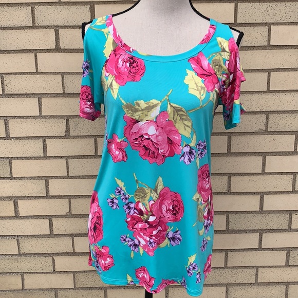 PS Kate Teal Blue Cold Shoulder Floral Ladder Cut-out Short Sleeve Top NEW - Picture 4 of 11